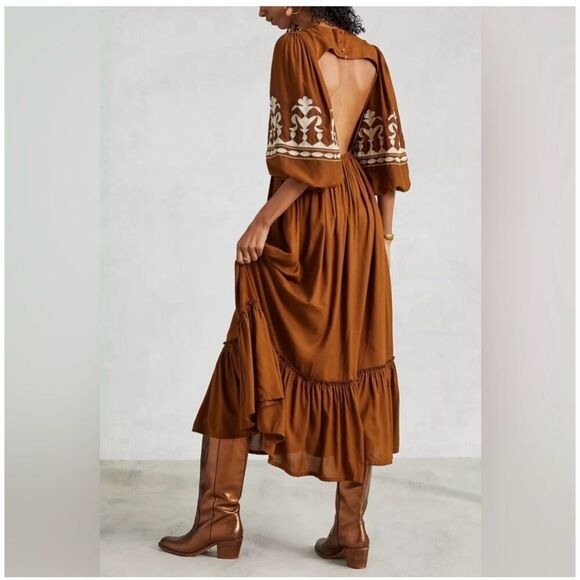 Anthropologie Let Me Be Women’s Bronze Embroidered Open-Back Maxi Dress - Picture 4 of 12